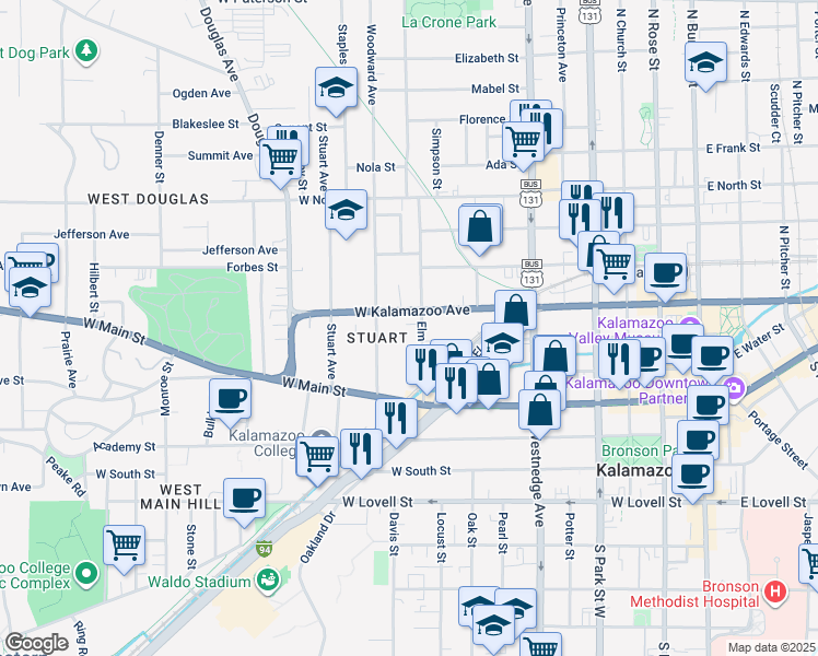 map of restaurants, bars, coffee shops, grocery stores, and more near 319 Elm Street in Kalamazoo