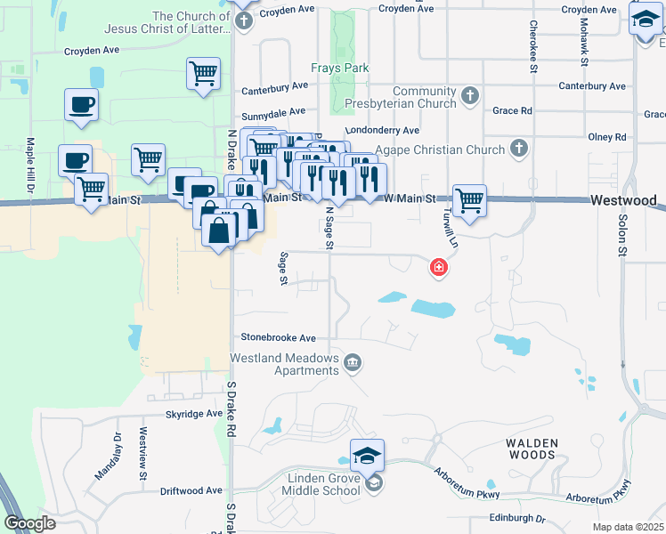 map of restaurants, bars, coffee shops, grocery stores, and more near 231 Sage Street in Kalamazoo