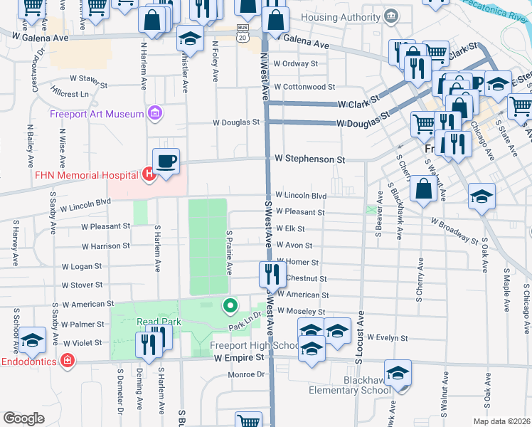map of restaurants, bars, coffee shops, grocery stores, and more near 812 West Pleasant Street in Freeport