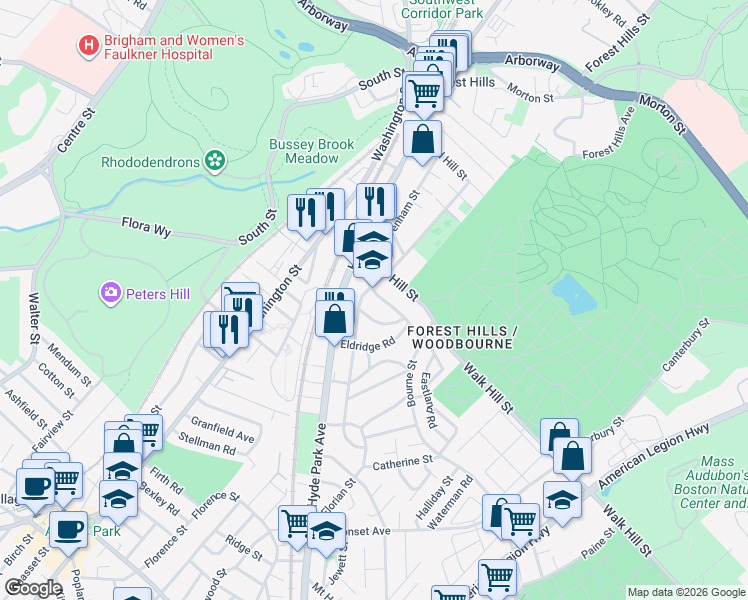 map of restaurants, bars, coffee shops, grocery stores, and more near 35 Patten Street in Boston