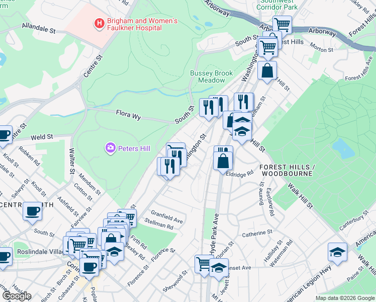 map of restaurants, bars, coffee shops, grocery stores, and more near 20 Mahler Road in Boston