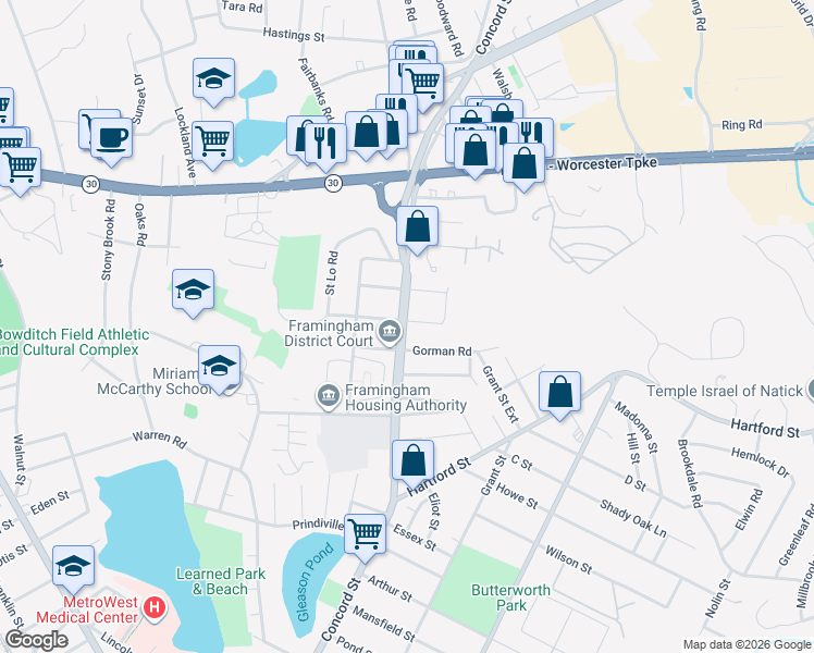 map of restaurants, bars, coffee shops, grocery stores, and more near 627 Massachusetts 126 in Framingham