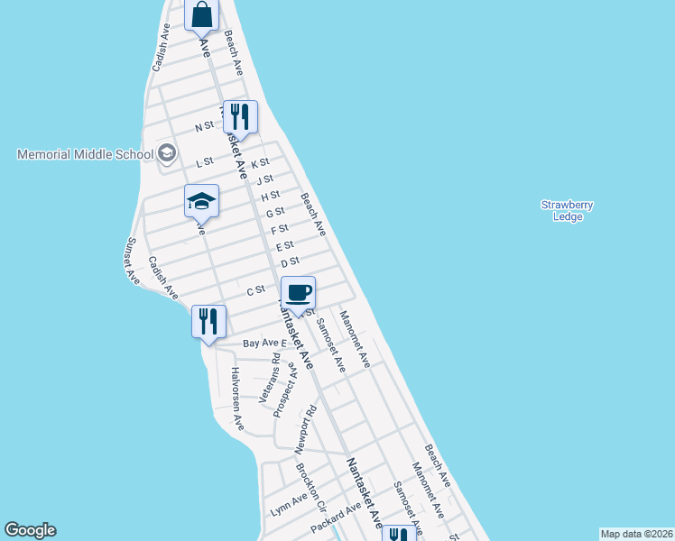 map of restaurants, bars, coffee shops, grocery stores, and more near 197 Beach Avenue in Hull