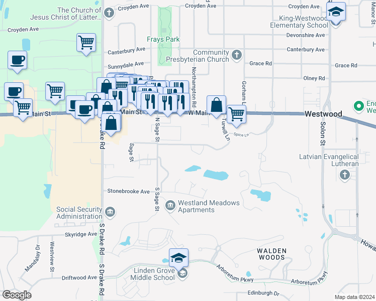 map of restaurants, bars, coffee shops, grocery stores, and more near 4139 Valley Ridge Drive in Kalamazoo