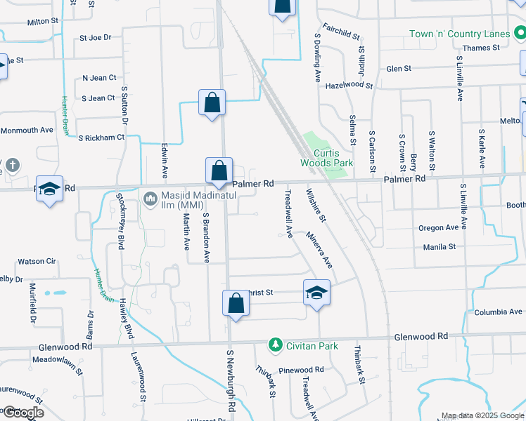 map of restaurants, bars, coffee shops, grocery stores, and more near 1868 Treadwell in Westland