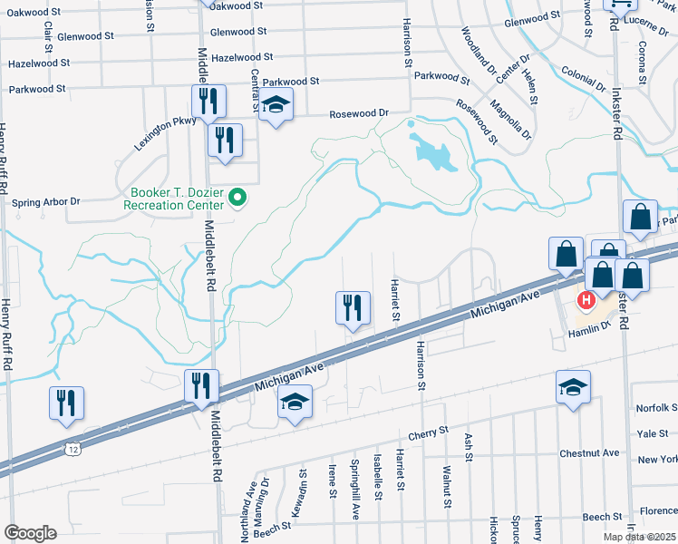 map of restaurants, bars, coffee shops, grocery stores, and more near 2194 Spring Hill Avenue in Inkster