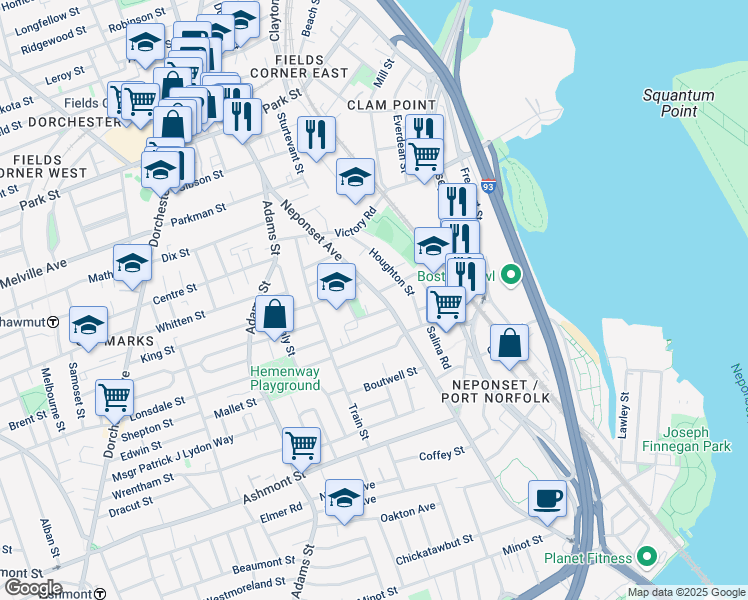 map of restaurants, bars, coffee shops, grocery stores, and more near 135 Neponset Avenue in Boston