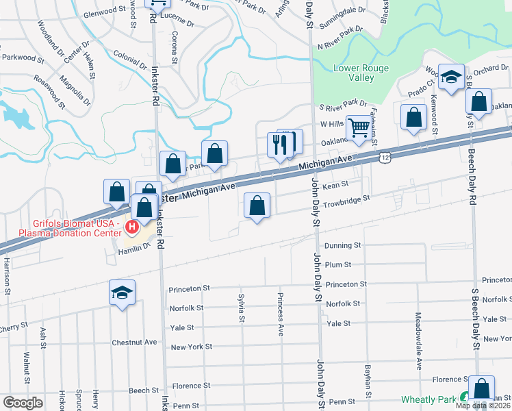 map of restaurants, bars, coffee shops, grocery stores, and more near 26901 Kean Street in Inkster
