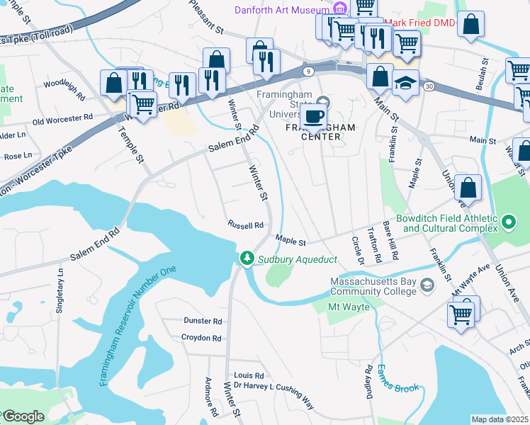 map of restaurants, bars, coffee shops, grocery stores, and more near 163 Winter Street in Framingham