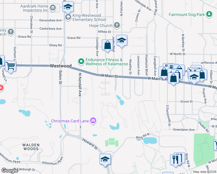 map of restaurants, bars, coffee shops, grocery stores, and more near 238 Falkirk Court in Kalamazoo
