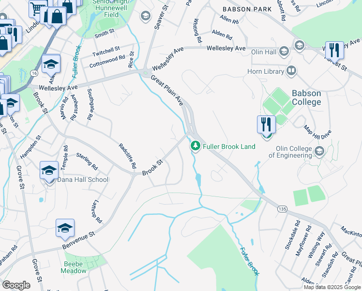map of restaurants, bars, coffee shops, grocery stores, and more near 2 Fuller Brook Road in Wellesley