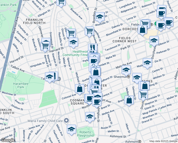 map of restaurants, bars, coffee shops, grocery stores, and more near 19 Wheatland Avenue in Boston