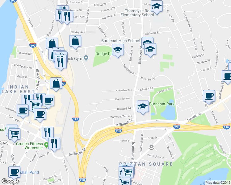 map of restaurants, bars, coffee shops, grocery stores, and more near 25 Clearview Avenue in Worcester