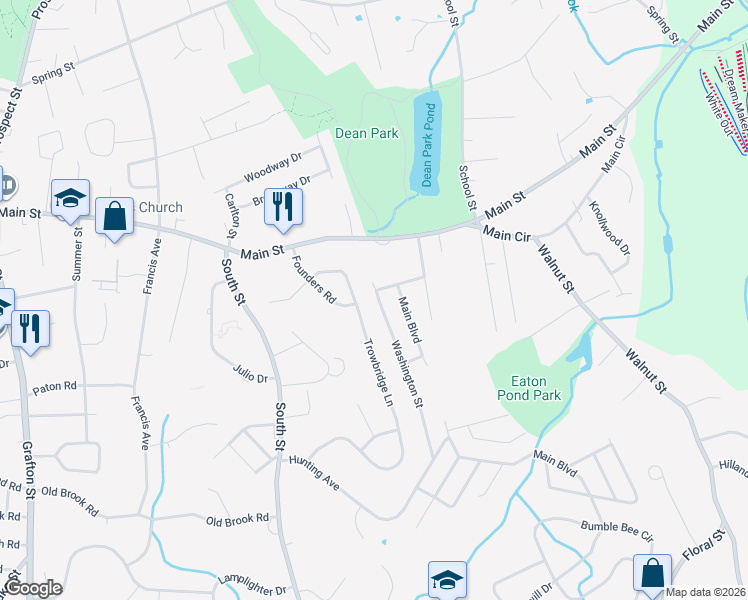 map of restaurants, bars, coffee shops, grocery stores, and more near 10 Washington Street in Shrewsbury