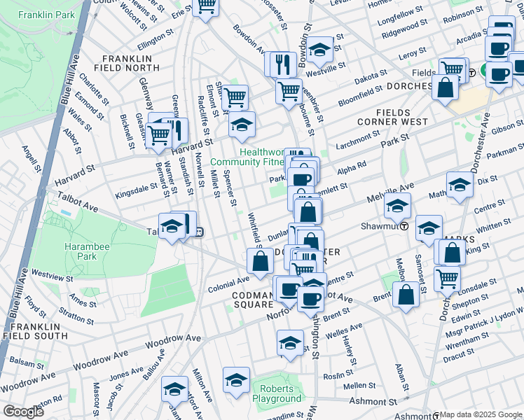 map of restaurants, bars, coffee shops, grocery stores, and more near 52 West Tremlett Street in Boston