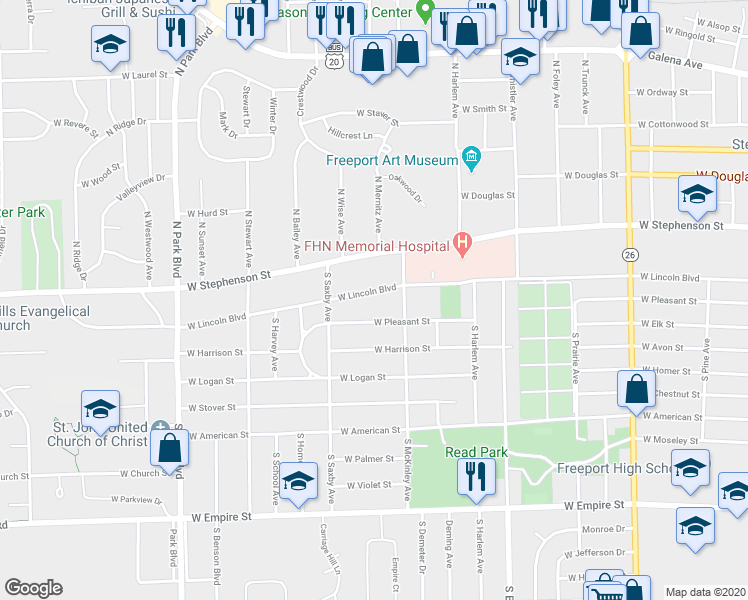 map of restaurants, bars, coffee shops, grocery stores, and more near 1233 West Lincoln Boulevard in Freeport