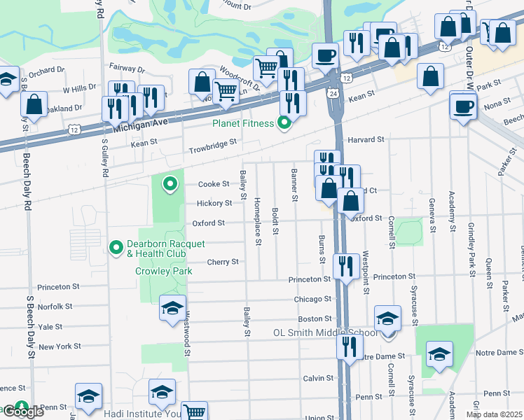 map of restaurants, bars, coffee shops, grocery stores, and more near 2416 Boldt Street in Dearborn