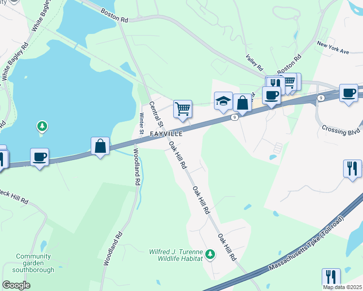 map of restaurants, bars, coffee shops, grocery stores, and more near 12 Oak Hill Road in Southborough