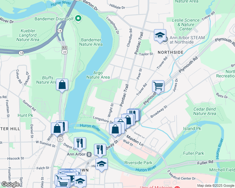 map of restaurants, bars, coffee shops, grocery stores, and more near 1316 Wright Street in Ann Arbor