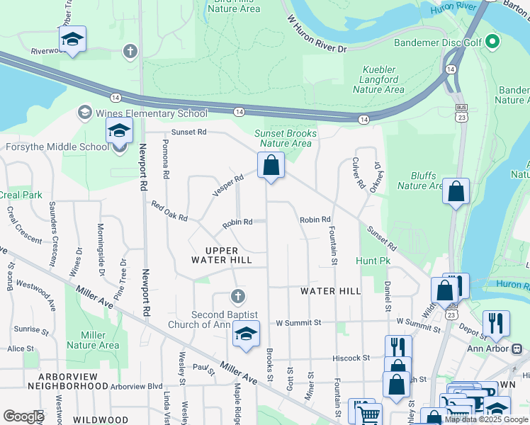 map of restaurants, bars, coffee shops, grocery stores, and more near 1215 Brooks Street in Ann Arbor
