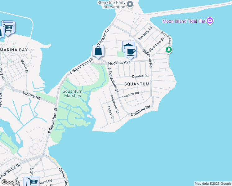 map of restaurants, bars, coffee shops, grocery stores, and more near 870 East Squantum Street in Quincy