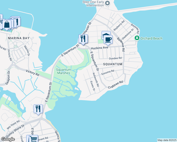 map of restaurants, bars, coffee shops, grocery stores, and more near 11 Ashworth Road in Quincy
