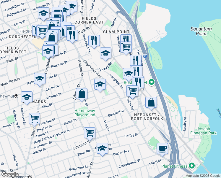 map of restaurants, bars, coffee shops, grocery stores, and more near 135 Neponset Avenue in Boston