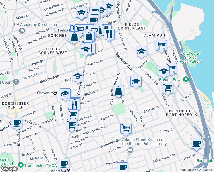 map of restaurants, bars, coffee shops, grocery stores, and more near 64 Whitten Street in Boston