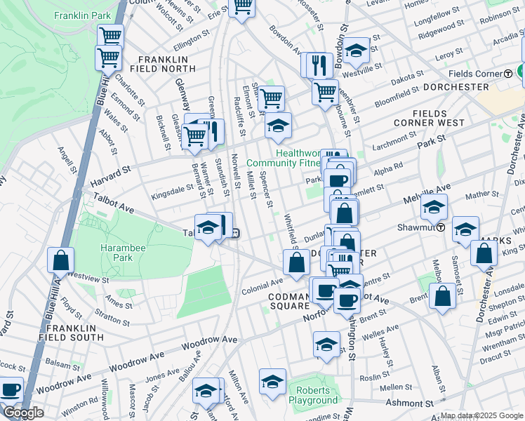 map of restaurants, bars, coffee shops, grocery stores, and more near 88 Spencer Street in Boston
