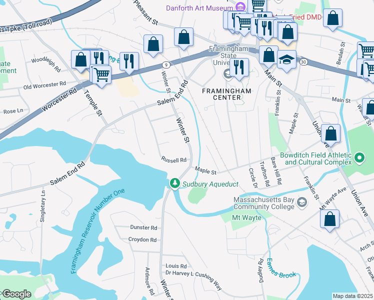 map of restaurants, bars, coffee shops, grocery stores, and more near 163 Winter Street in Framingham