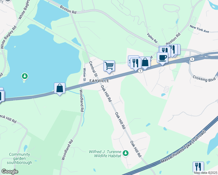 map of restaurants, bars, coffee shops, grocery stores, and more near 12 Oak Hill Road in Southborough
