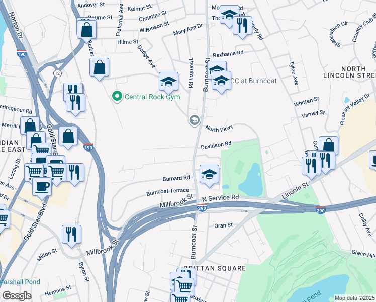 map of restaurants, bars, coffee shops, grocery stores, and more near 5 Clearview Avenue in Worcester