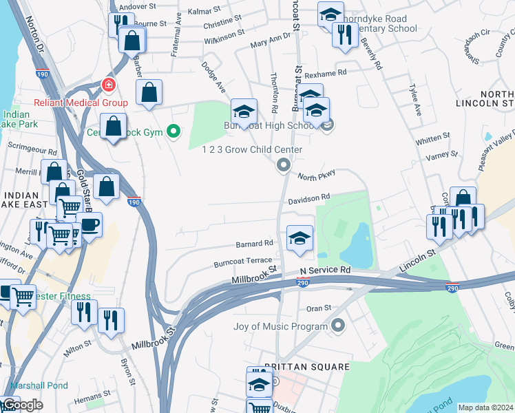 map of restaurants, bars, coffee shops, grocery stores, and more near 5 Clearview Avenue in Worcester