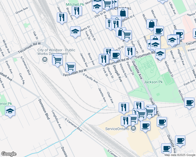 map of restaurants, bars, coffee shops, grocery stores, and more near in Windsor