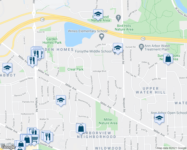 map of restaurants, bars, coffee shops, grocery stores, and more near 1347 Wines Drive in Ann Arbor