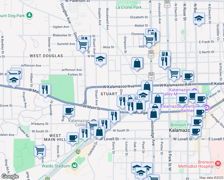 map of restaurants, bars, coffee shops, grocery stores, and more near 324 Woodward Avenue in Kalamazoo