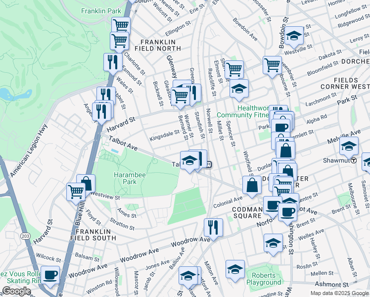 map of restaurants, bars, coffee shops, grocery stores, and more near 5 Kerwin Street in Boston