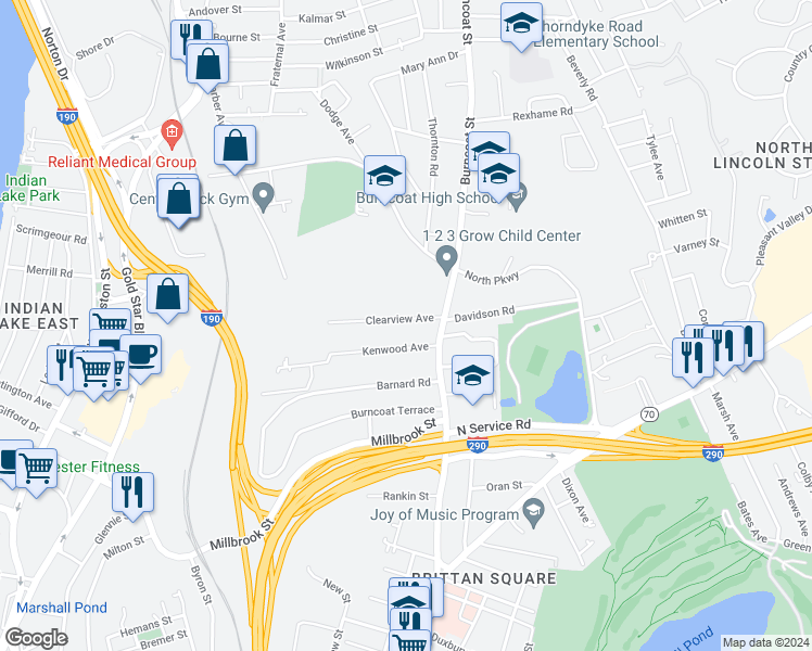 map of restaurants, bars, coffee shops, grocery stores, and more near 15 Clearview Avenue in Worcester