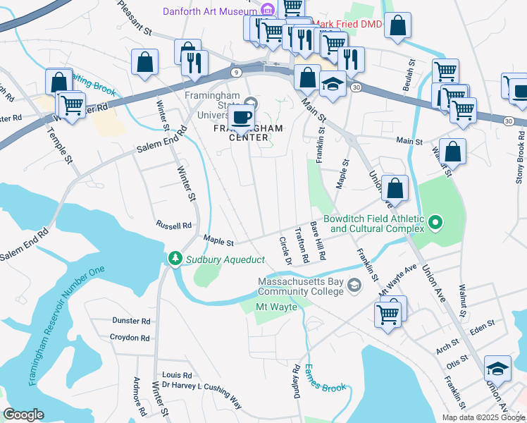 map of restaurants, bars, coffee shops, grocery stores, and more near 186 State Street in Framingham