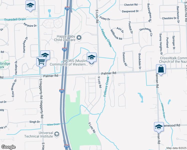map of restaurants, bars, coffee shops, grocery stores, and more near 40475 Palmer Road in Canton