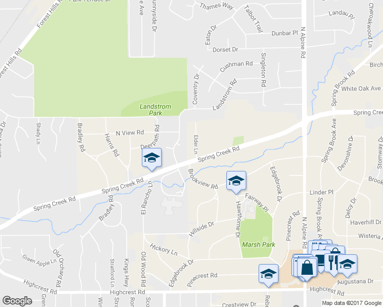 map of restaurants, bars, coffee shops, grocery stores, and more near 2410 Elder Lane in Rockford