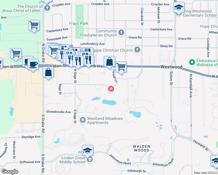 map of restaurants, bars, coffee shops, grocery stores, and more near 101 Turwill Lane in Kalamazoo