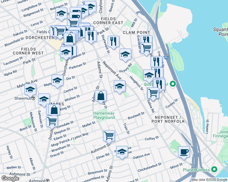 map of restaurants, bars, coffee shops, grocery stores, and more near 49 Train Street in Boston