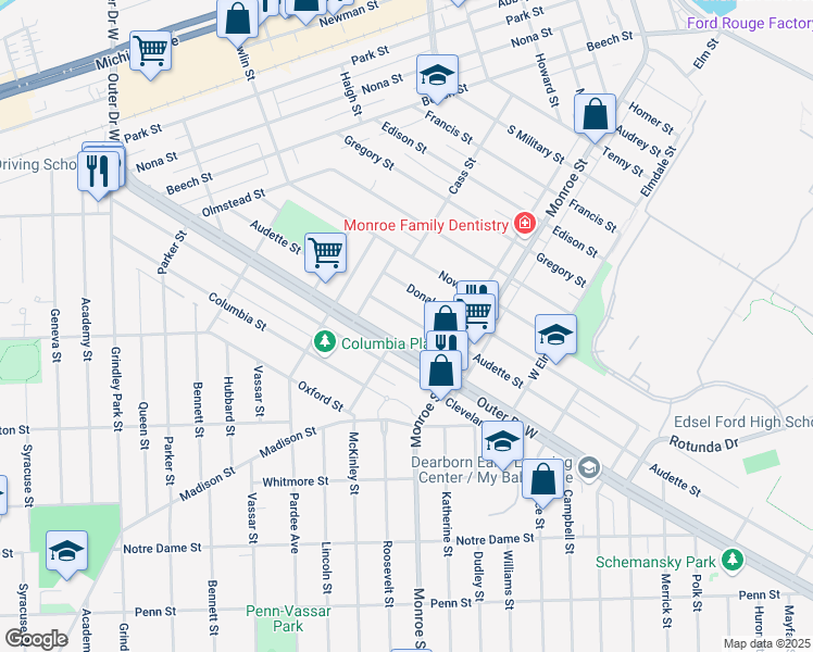 map of restaurants, bars, coffee shops, grocery stores, and more near 22155 Audette Street in Dearborn