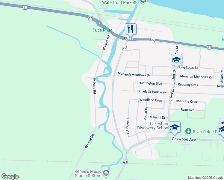 map of restaurants, bars, coffee shops, grocery stores, and more near 323 East Puce Road in Belle River