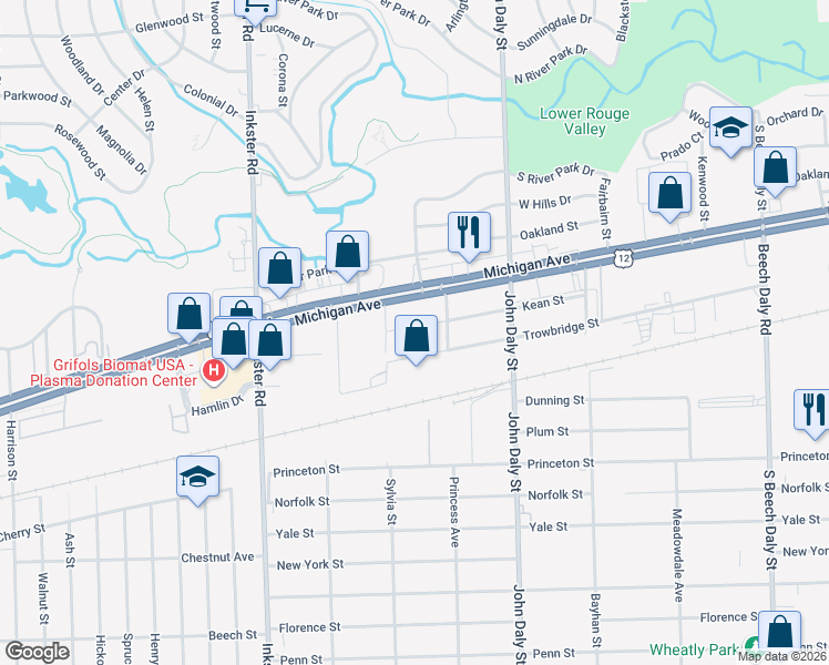 map of restaurants, bars, coffee shops, grocery stores, and more near 26901 Kean Street in Inkster