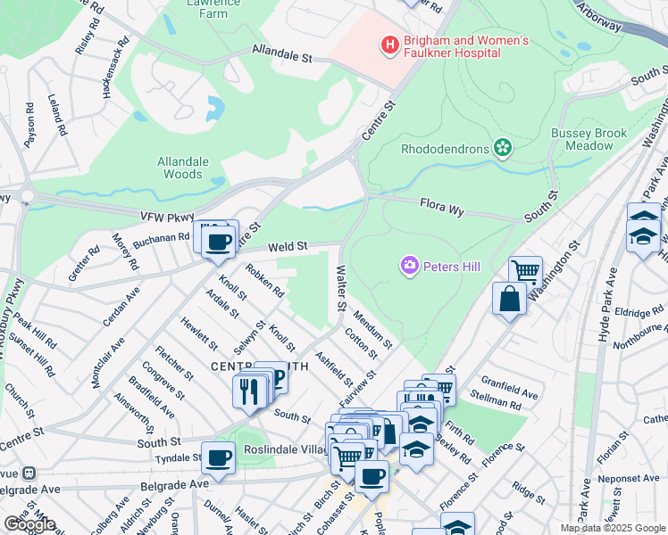map of restaurants, bars, coffee shops, grocery stores, and more near 170 Walter St in Roslindale