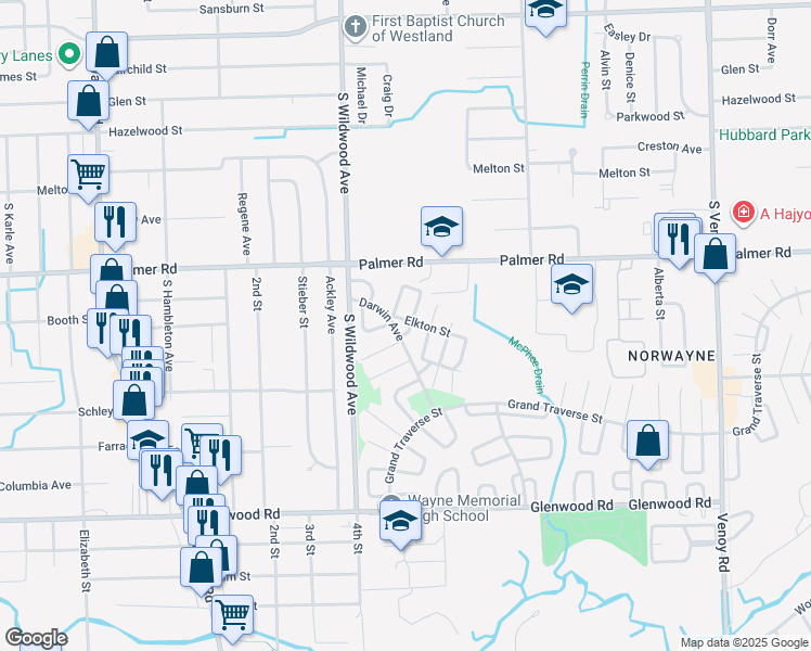 map of restaurants, bars, coffee shops, grocery stores, and more near 2106 Edgerton Court in Westland