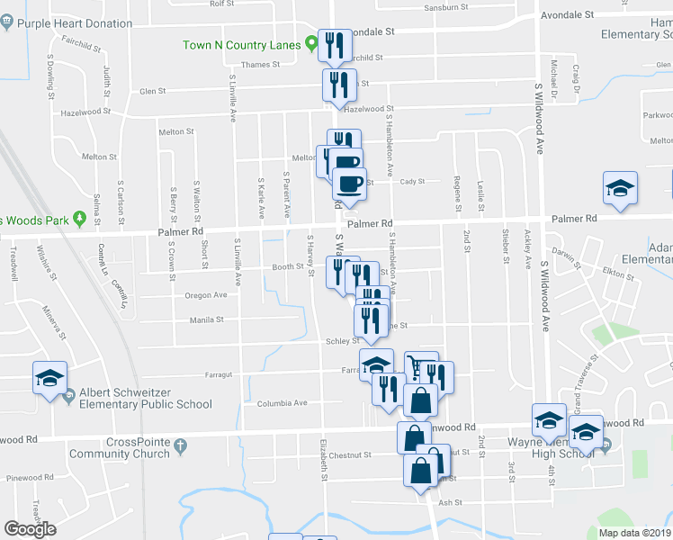 map of restaurants, bars, coffee shops, grocery stores, and more near 2074 South Wayne Road in Westland