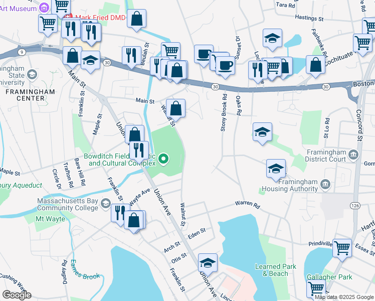 map of restaurants, bars, coffee shops, grocery stores, and more near 155 Walnut Street in Framingham